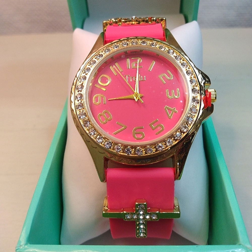 Vibrant Coral/Pink Trelu  Watch with Gold-Tone Case and Sparkling Bezel. New